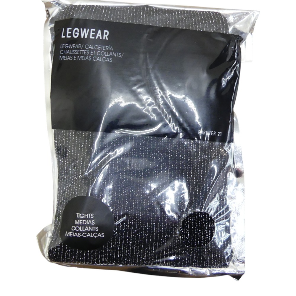 Forever 21 Tights Womens S/M Black Silver New Metallic Shimmer Hosiery 00230343